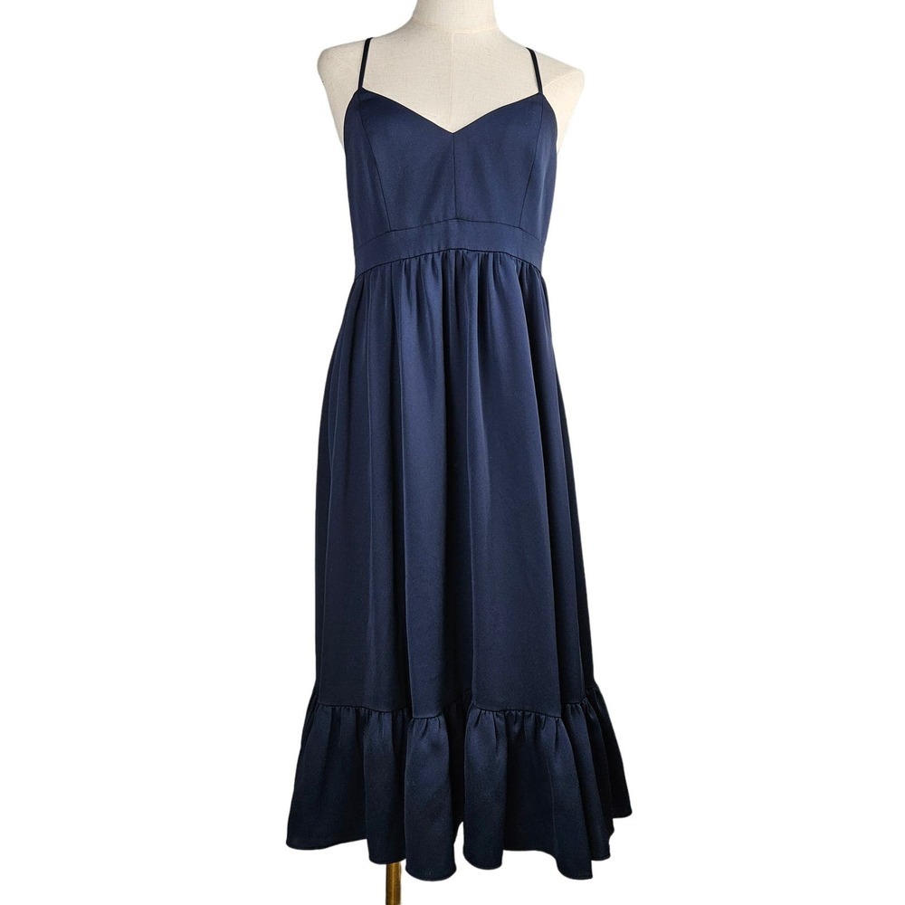 J.Crew Criss Cross Tie‎ Back Midi Dress 6 Navy Blue Ruffle Spaghetti Strap